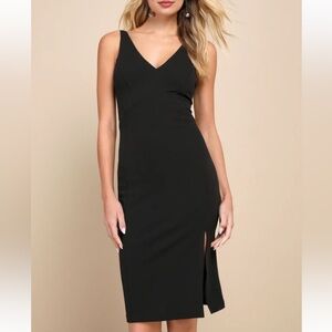 Lulu's Black V-Neck Midi Sheath Dress with Side Slit